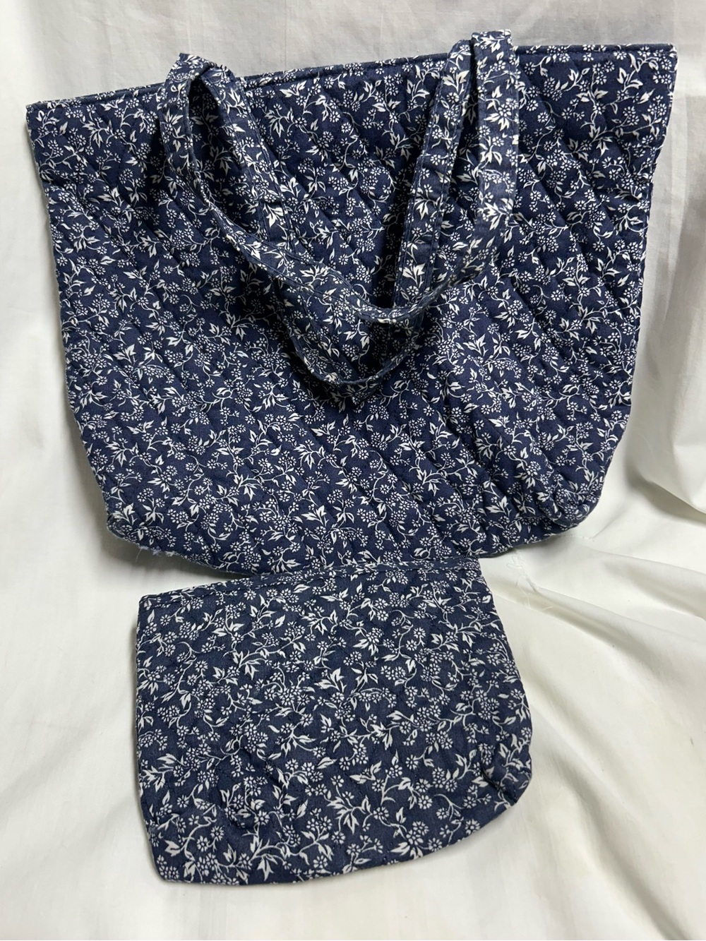 Vtg Tote Bag and Cosmetic Bag  Shoulder Bag Purse Cottagecore Blue Floral